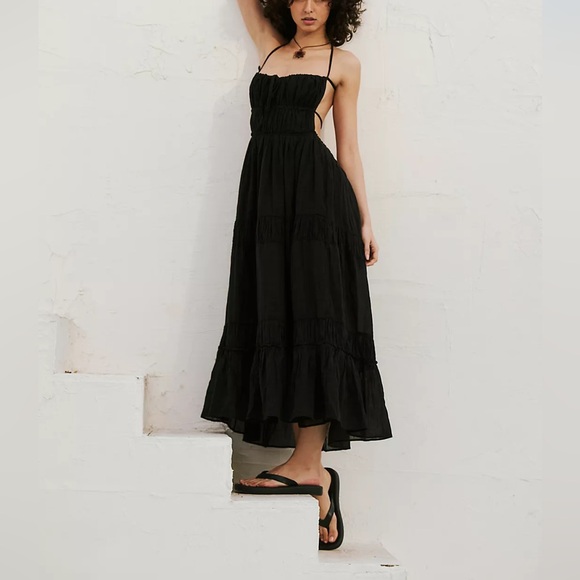 Free People Taking Sides Open Back Tiered Ruffle Strappy Tie Maxi Midi Dress - Picture 1 of 4
